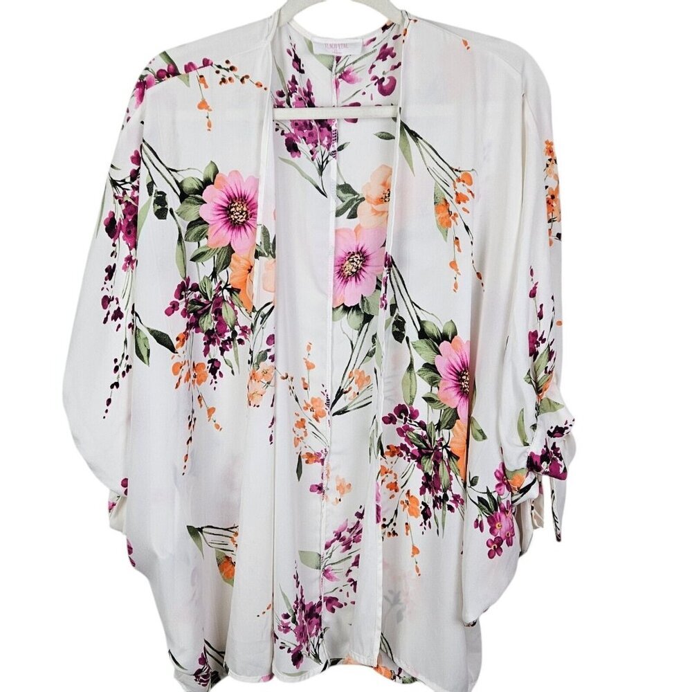 Peach Love California White Kimono Wrap Large Pink Orange Floral Open Size Small